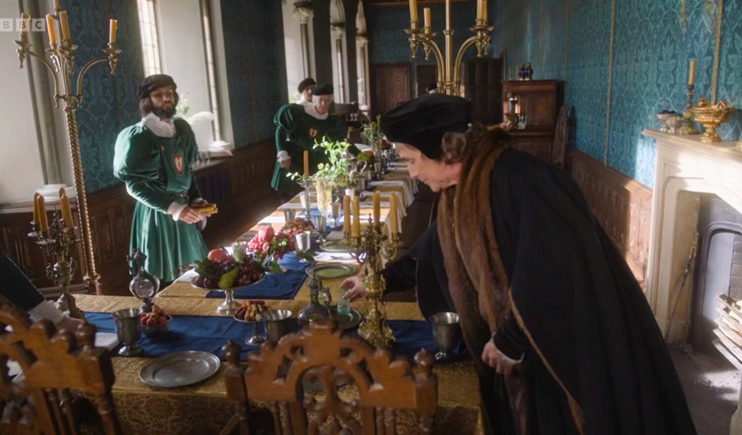 Wolf Hall Screenshots 3 (Episode 1) web Image of Mark Rylance playing Thomas Cromwell during the filming of Wolf Hall in the Long Gallery of The Bishop's Palace, Wells