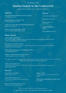 An image of the Sunday Lunch menu at The Bishop's Table, Wells.