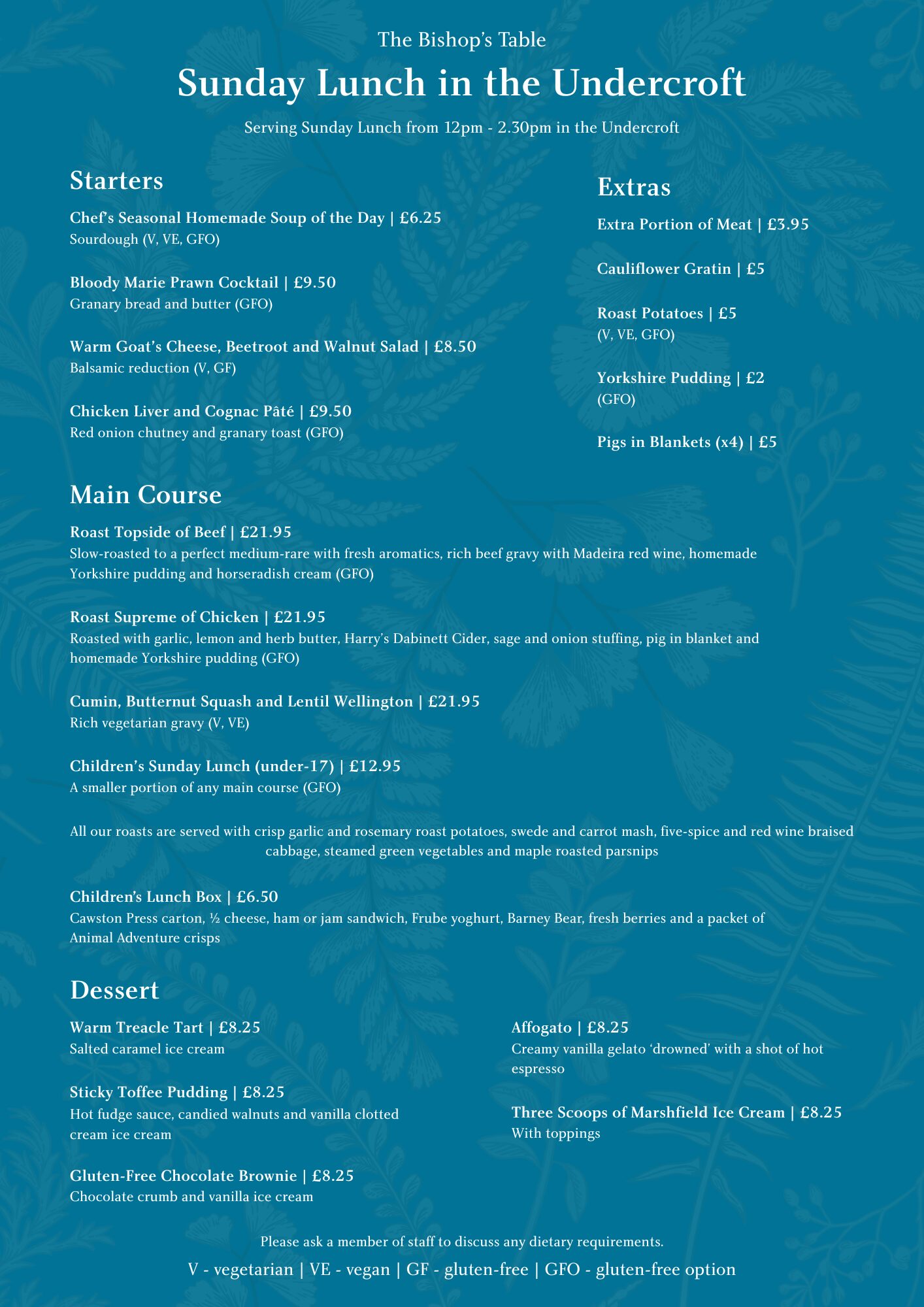 An image of the Sunday Lunch menu at The Bishop's Table, Wells.