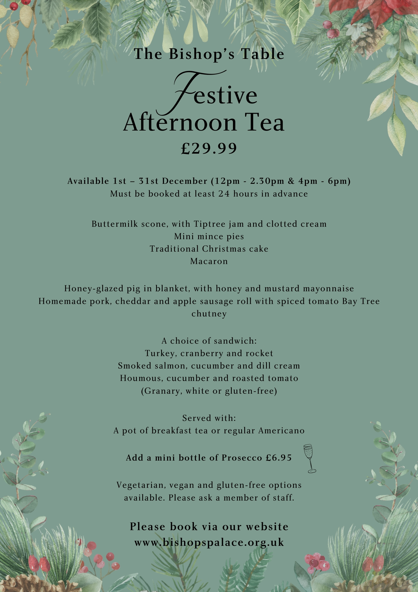 An image of the Festive Afternoon Tea menu at The Bishop's Table