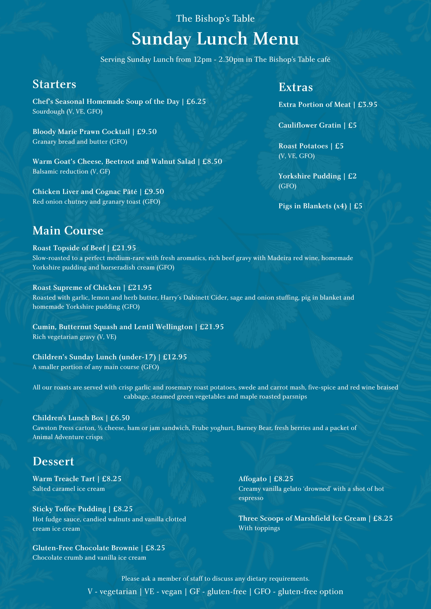 An image of the Sunday Lunch menu in The Bishop's Table café.