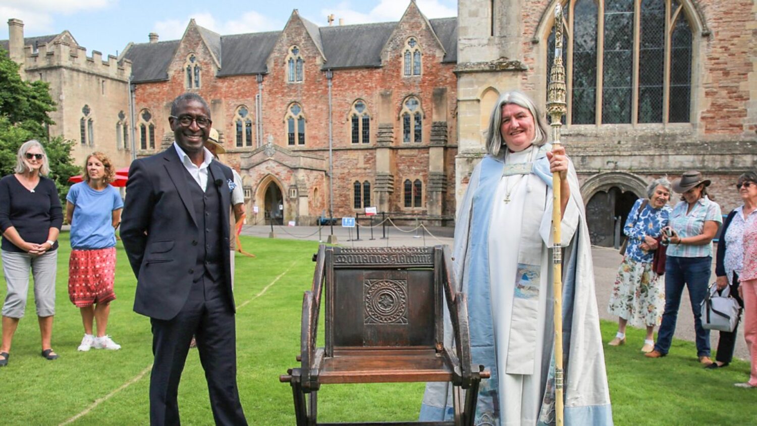 An image of The Antiques Roadshow filming at The Bishop's Palace in Wells, with Bishop Ruth