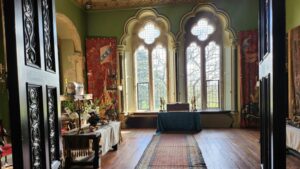 An image of the medieval Bishop's Palace dressed for a historical film.