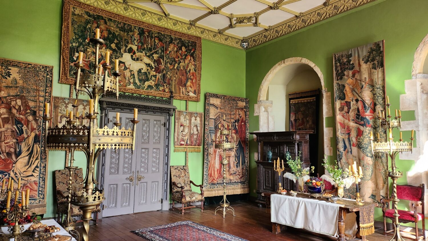 An image of The Bishop's Palace decorated as a filming location for Wolf Hall.