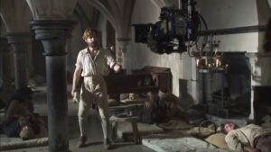 An image of the filming of Poldark in the medieval and vaulted medieval Undercroft at The Bishop's Palace