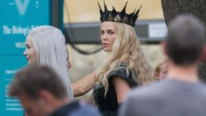 An image of Charlize Theron and Emily Blunt at The Bishop's Palace and Gardens, filming for The Huntsman: A Winter's War