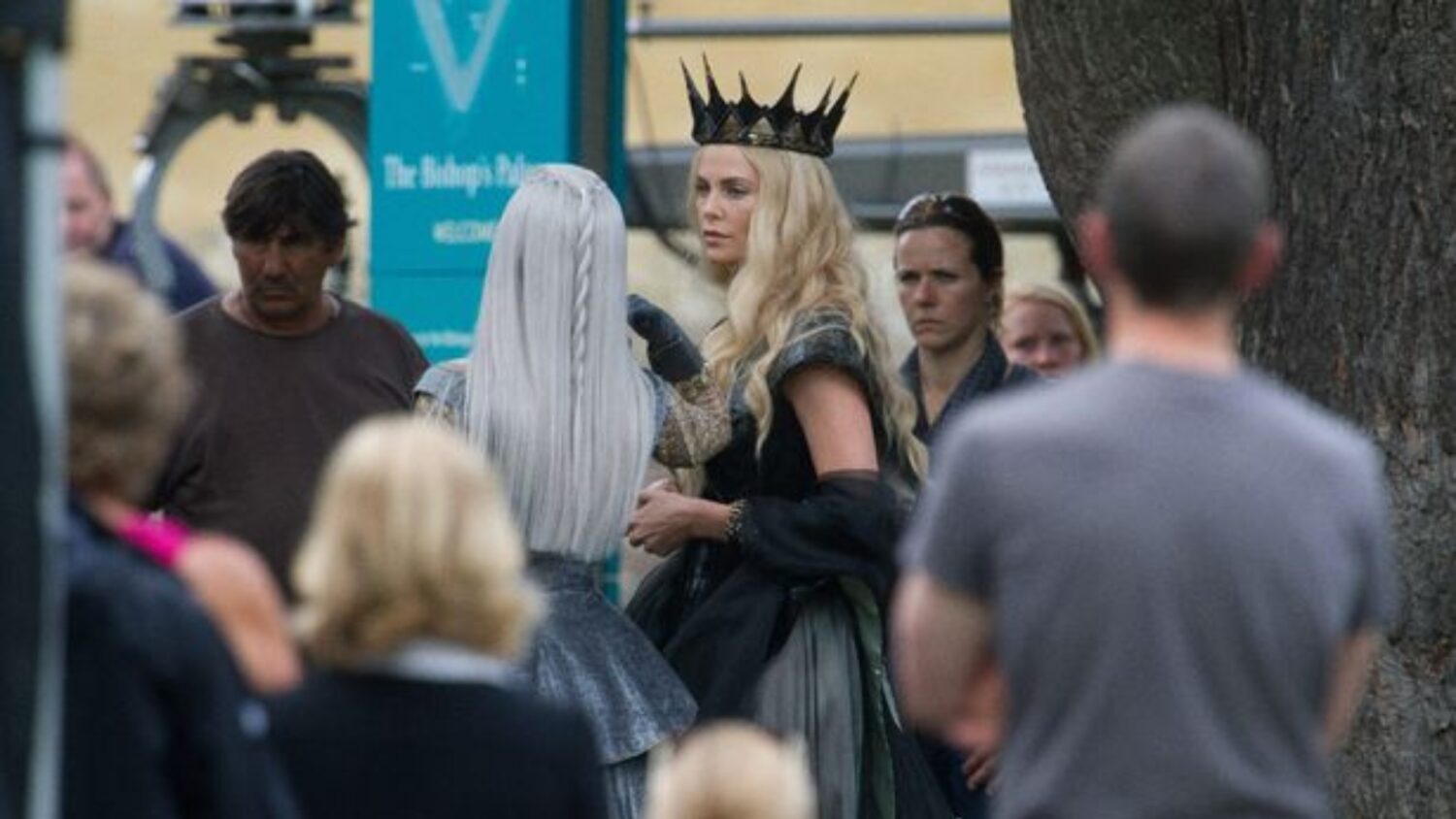 An image of Charlize Theron and Emily Blunt at The Bishop's Palace and Gardens, filming for The Huntsman: A Winter's War