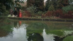 An image of the Spanish Princess filming within the gardens of the Bishop's Palace.
