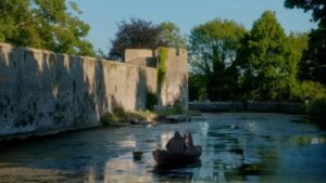 An image of the Spanish Princess filming on the moat at The Bishop's Palace in Wells, Somerset.