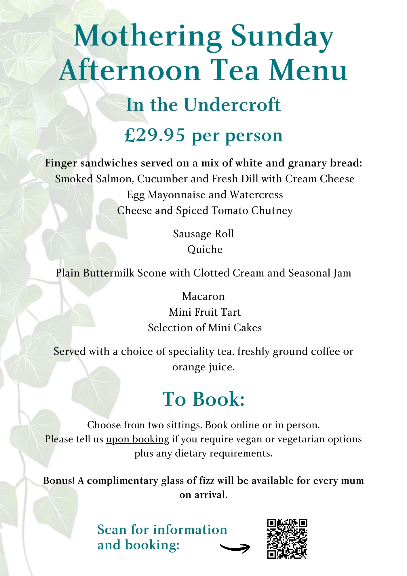 An image of the Mothering Sunday Afternoon Tea menu at The Bishop's Palace in Wells, Somerset