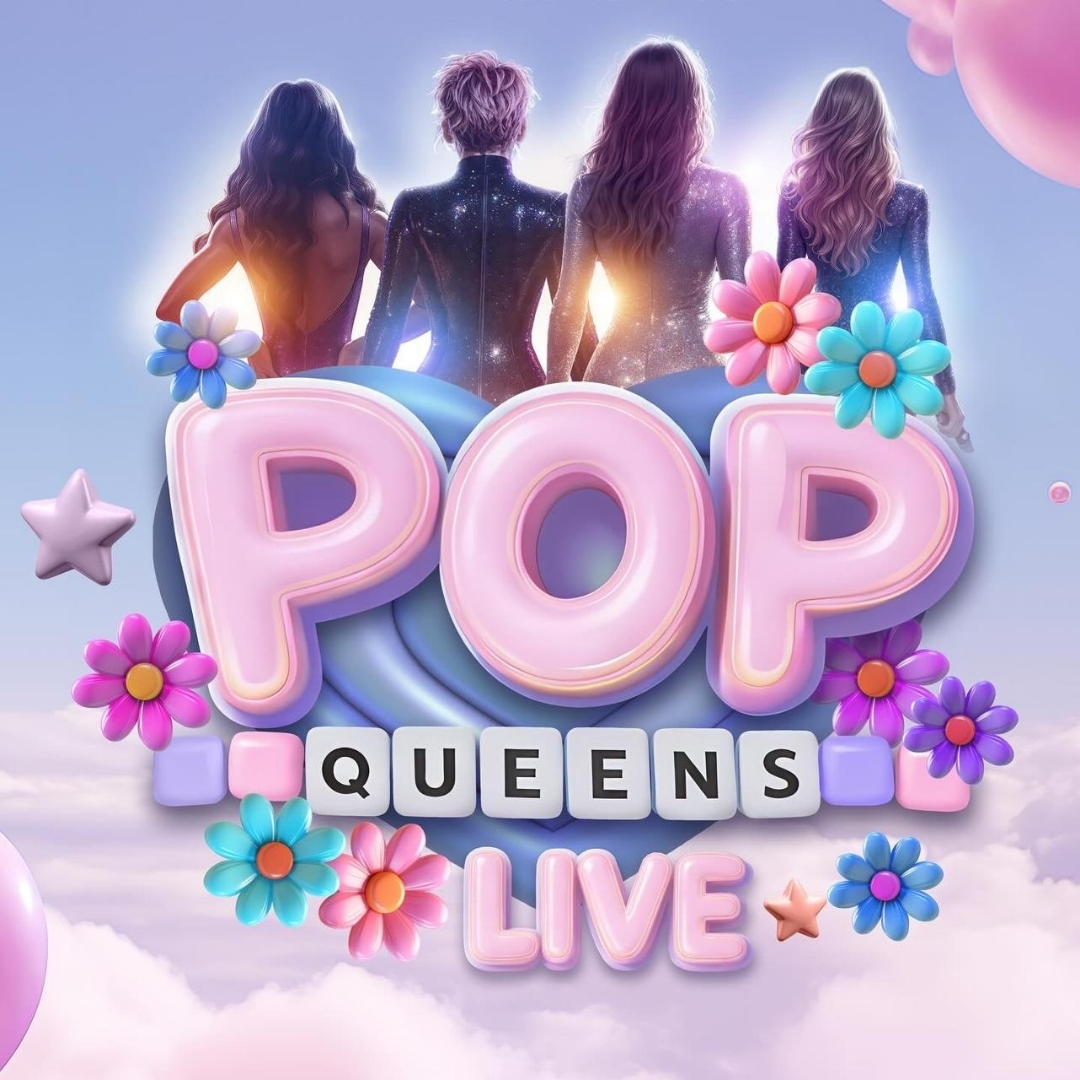 Graphic image of pink and white letters on a background of flowers