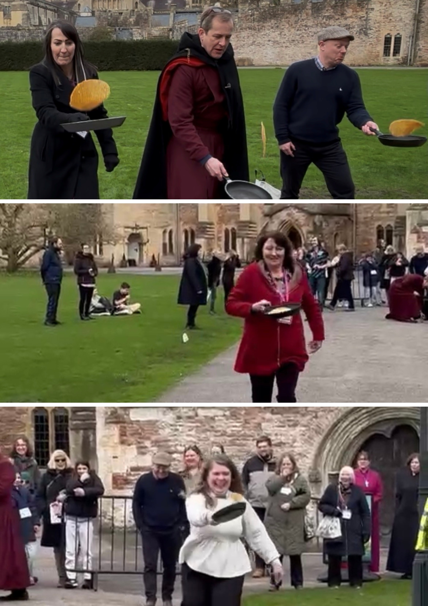 A collage of the staff at The Bishop's Palace and Wells Cathedral during the Shrove Tuesday Pancake Race