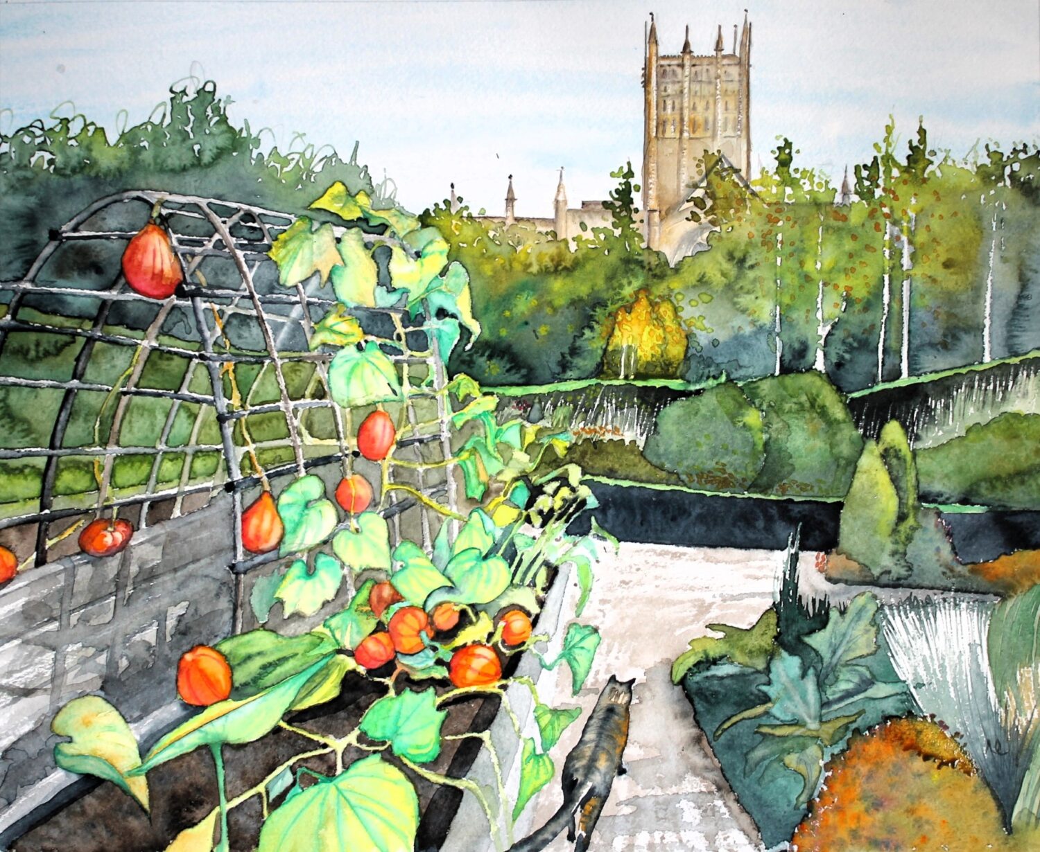 An image of an autumnal drawing of the Community Garden at The Bishop's Palace as part of the Finding Home Natasha Lee Art Exhibition.