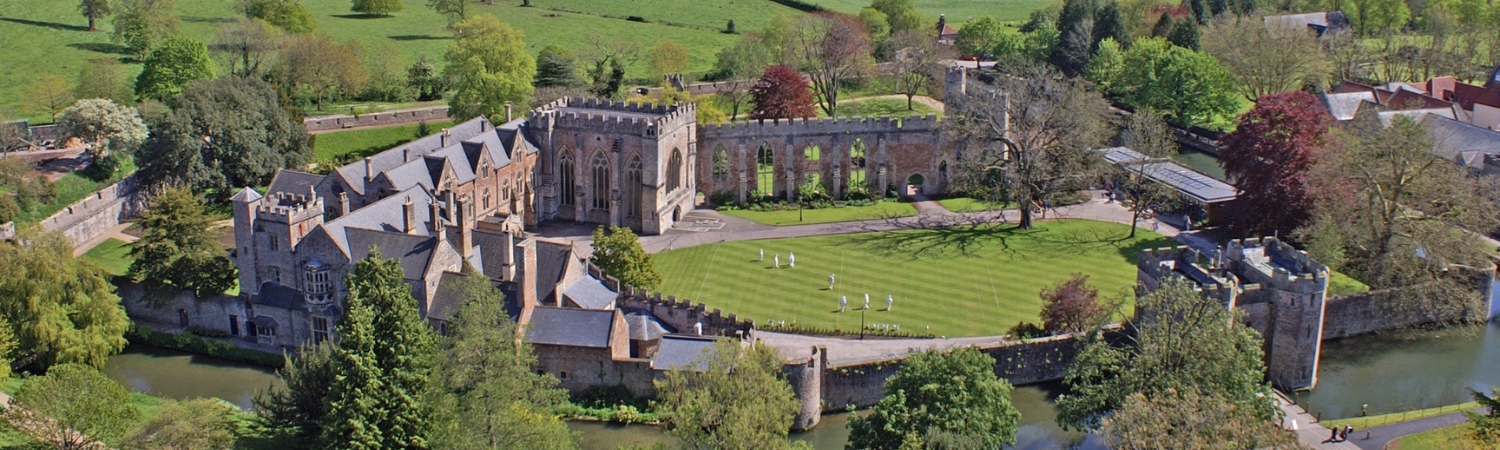 An aerial image of The Bishop's Palace and Gardens - a Somerset film location and venue hire location.