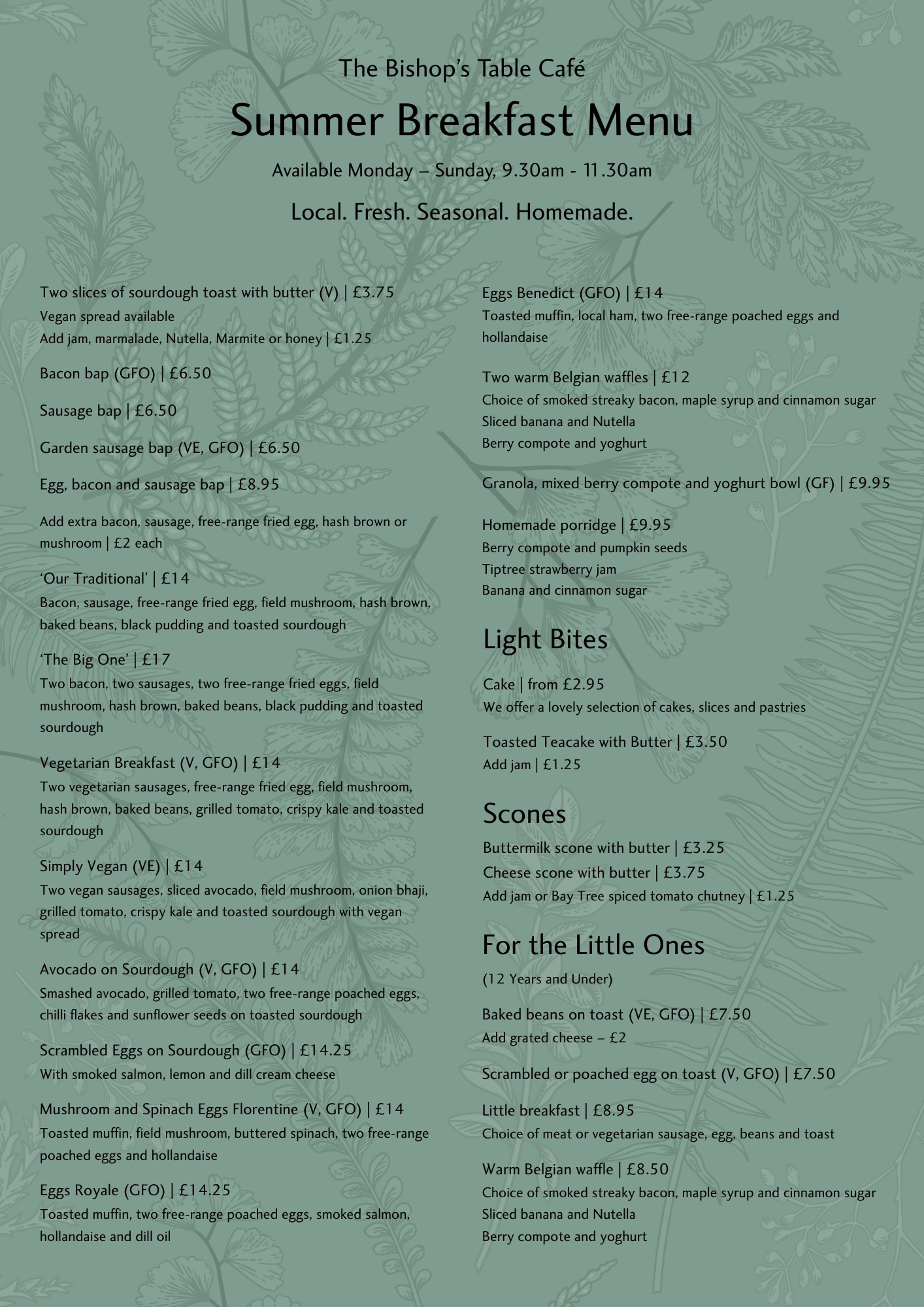 An image of the breakfast menu at The Bishop's Table