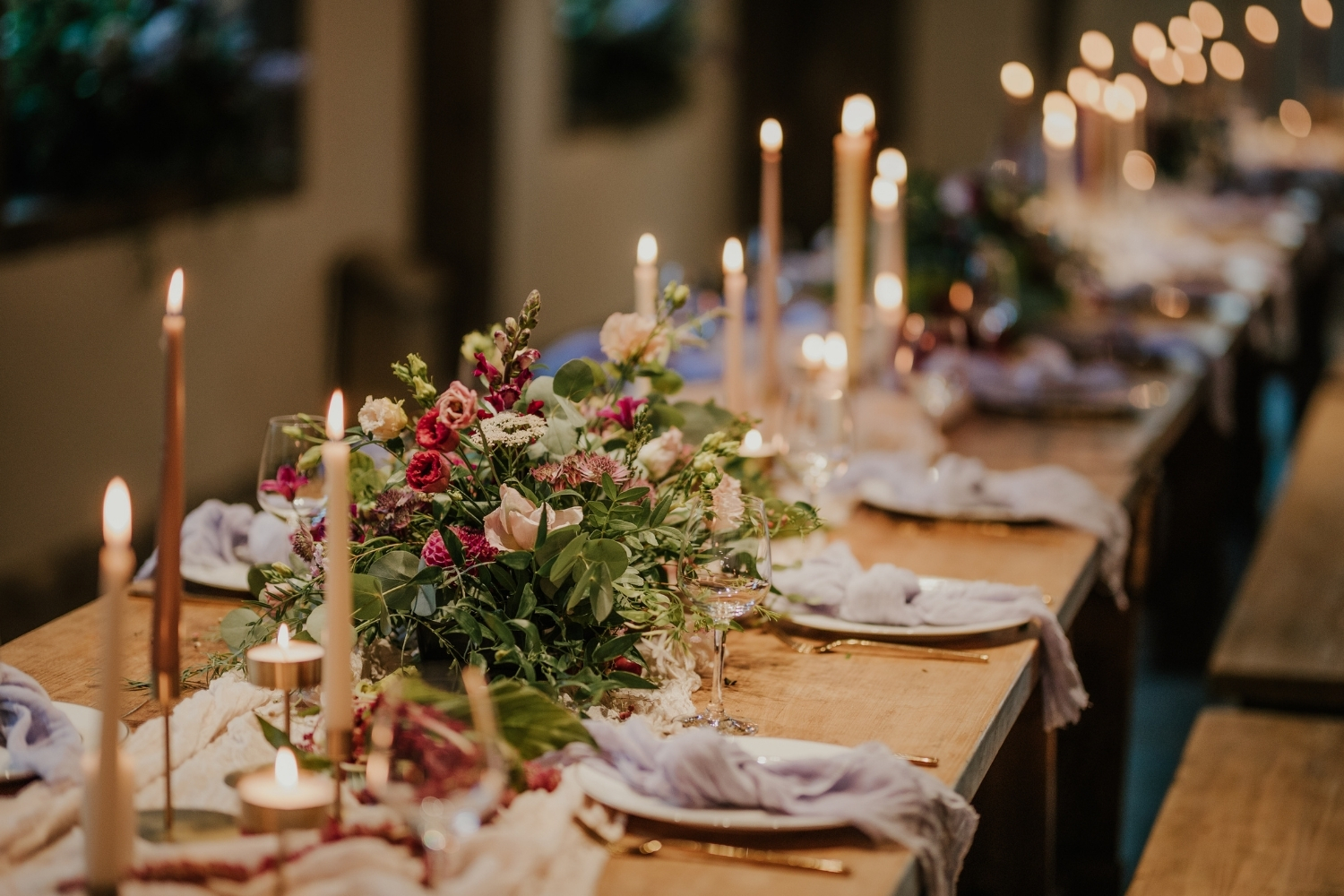 An image of the Undercroft table set up for a celebration dinner.
