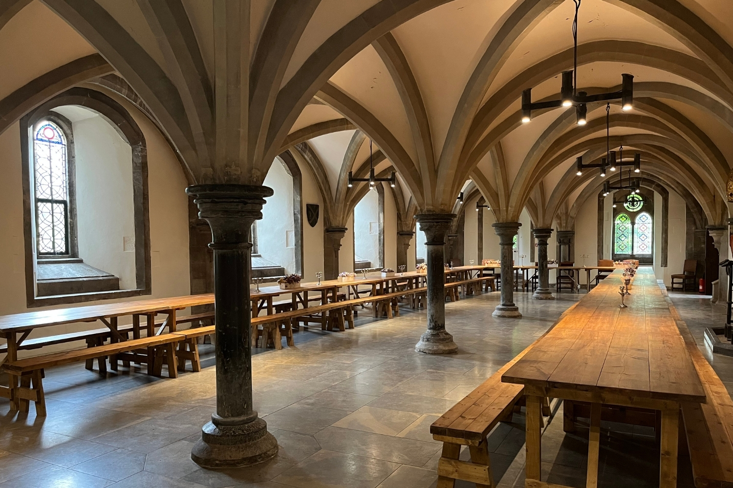 An image of the vaulted Undercroft at The Bishop's Palace in Wells, Somerset.