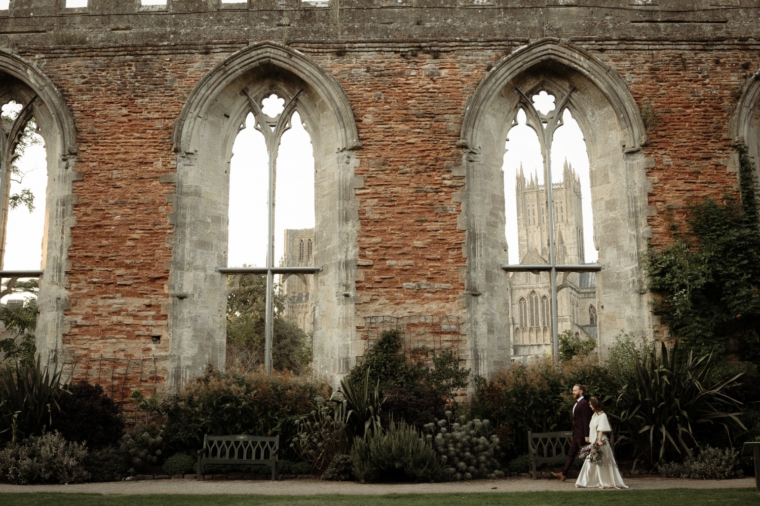 An image of a wedding couple at The Bishop's Palace, a medieval wedding reception venue.