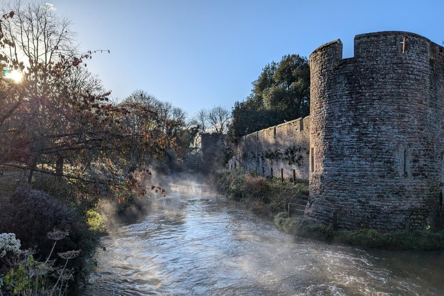An image of the moat at The Bishop's Palace.